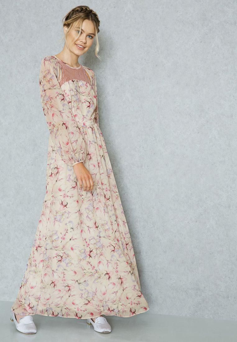 Floral Print Lace Detail Maxi Dress