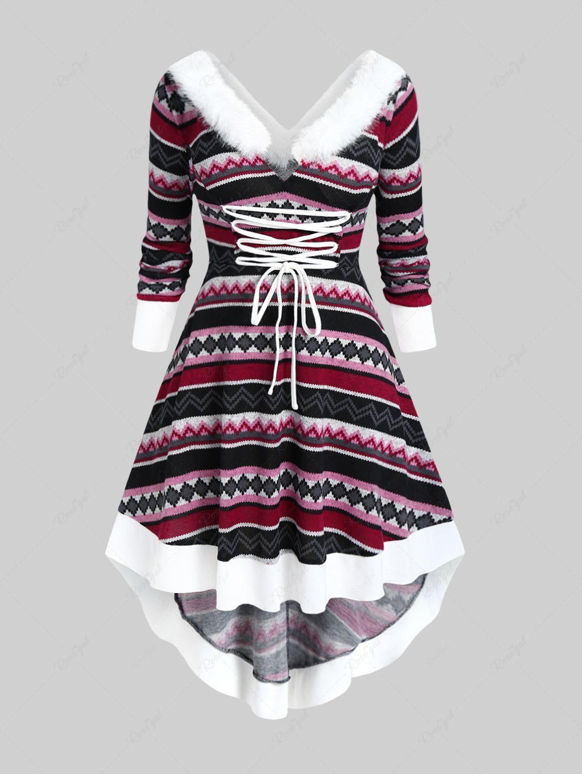 Plus Size Faux Fur Trim Colorful Geometric Pattern Lace-up Knit High Low Dress - 4x | Us 26-28