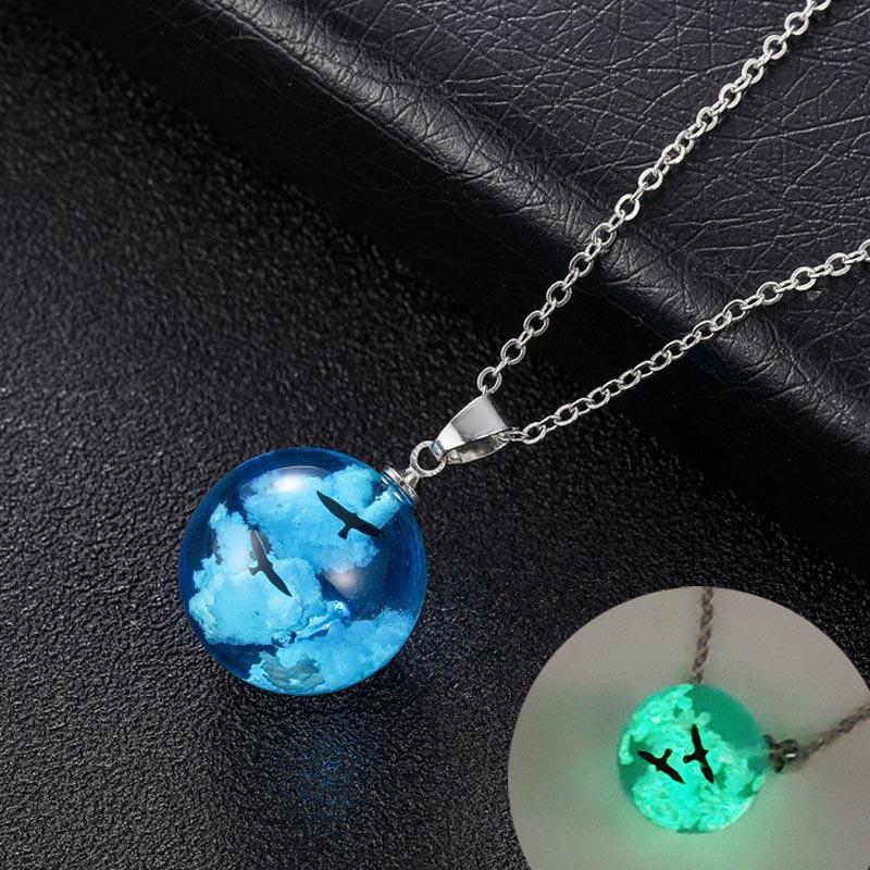 1 Piece Women's Luminous Blue Sky and White Cloud Necklace Eagle Ball Pendant Necklace