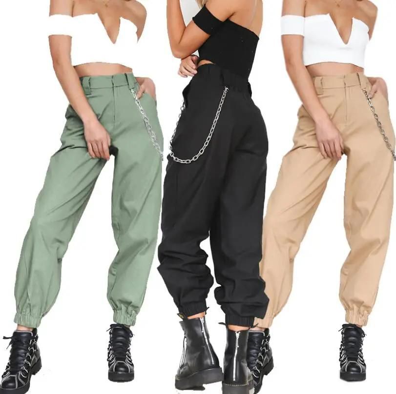 High Waist Sweatpants Women Fashion Slim Solid Color Long Pants Hip Hop Pant Streetwear With Chains