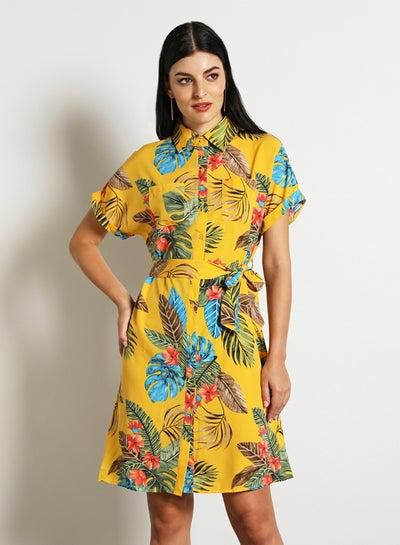 Women'S Casual Midi Short Sleeve Floral Dress Yellow