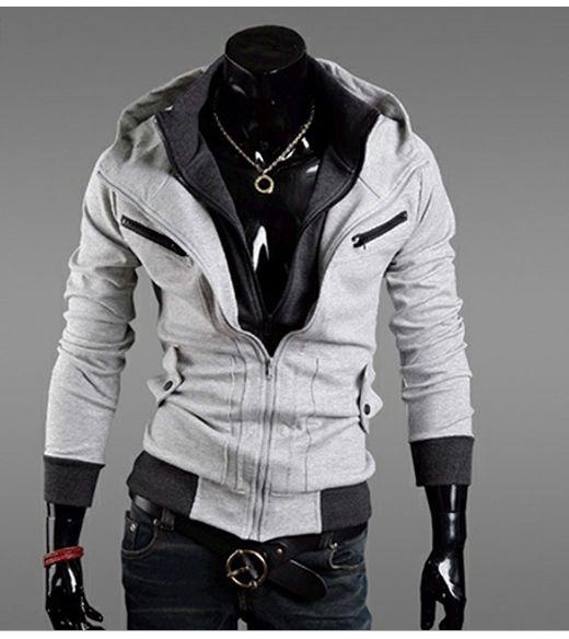 Bluelans Men Slim Fit Double Zipper Hooded Sweatshirt Coat Casual Drawstring Outwear-Light Gray