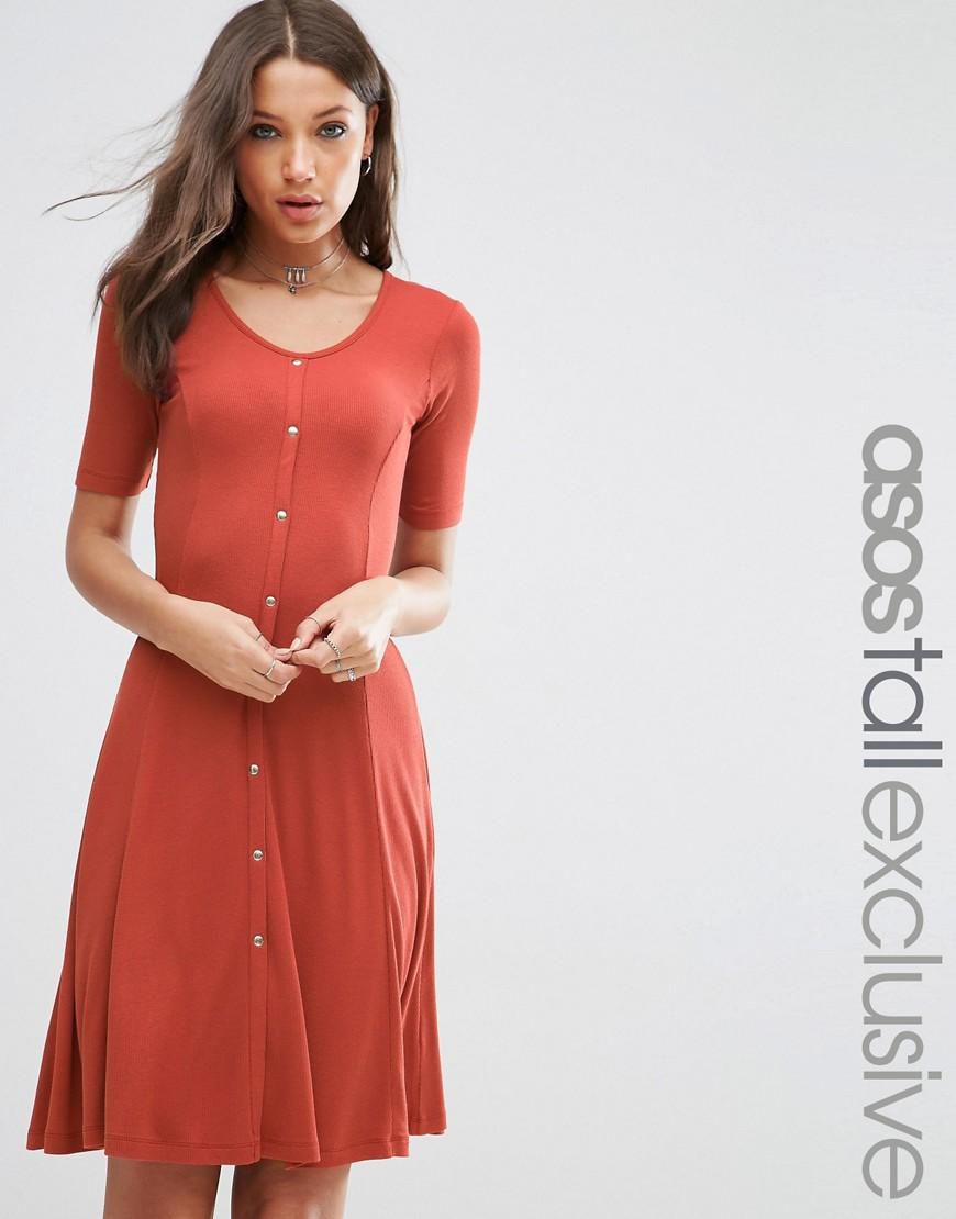 ASOS TALL 90s Skater Dress in Baby Rib with Poppers - Rust