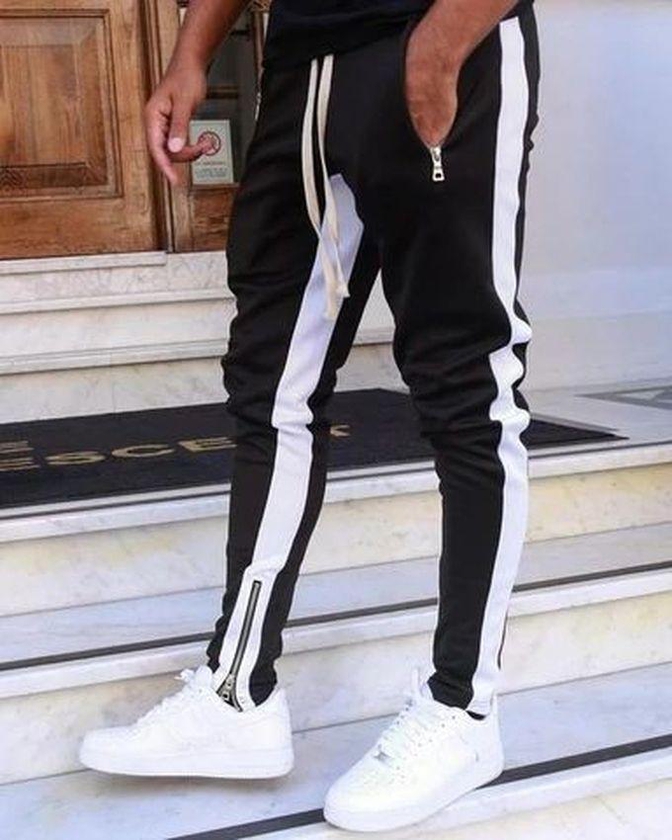 Classic Black Joggers With White Stripe And Zip