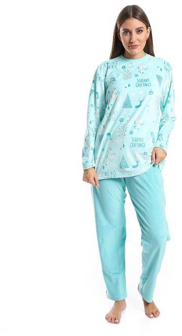Shorto Women's Pajama -2613- Season's Greeting's - Round Neck - Light Blue -Multicolored