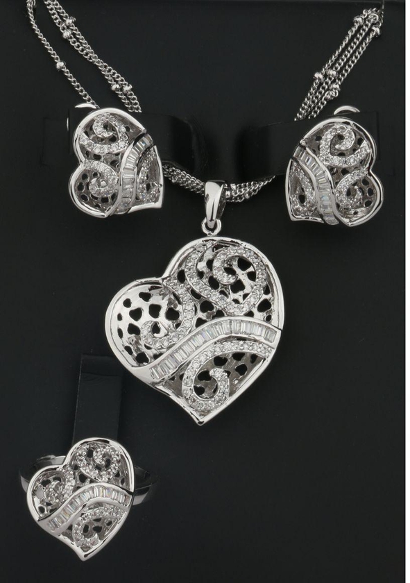 طقم مجوهرات مطلي بفضة مطلي على شكل قلب مرصع بالكريستال