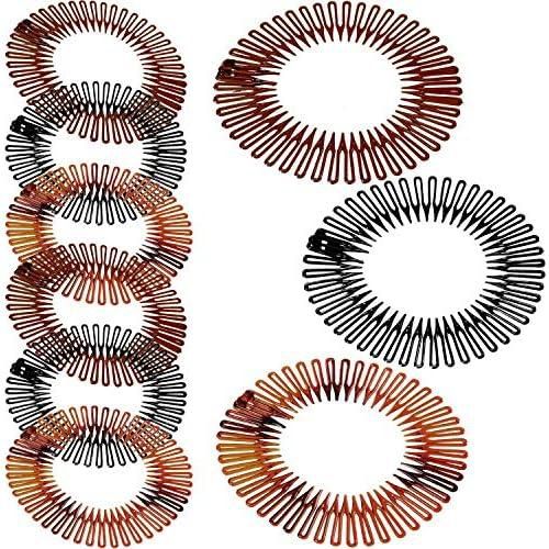 Stretch Hair Comb, 9 Pieces Full Circular Stretch Combs Headband, Flexible Plastic Circle Comb Hairband Holder for Women Girls Sports Hair Accessories, 3 Colors (Black, Coffee, Tortoise Shell)