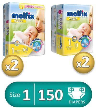 Molfix Diapers - Size 1 - 2 Packs - 128 Pcs + Size 1 - 2 Packs - 22 Pcs
