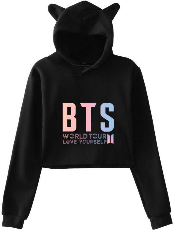 BTS world tour love yourself hoodie Cat ear hoodie bare midriff hoodie black-L