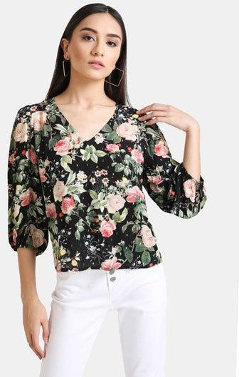 Floral Printed Top With Puff Sleeves.