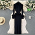 Fashion Black Women's POLO Collar Maxi Dress Feather Flare Sleeves Single Breasted Long Sweater Dress