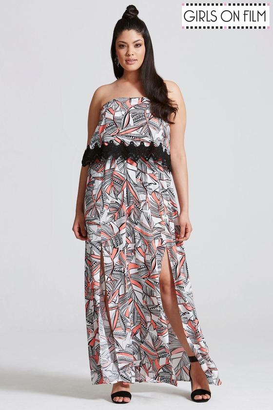 Girls On Film Curve Print Bandeau Maxi Dress With Lace