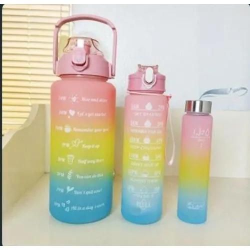 3-in-1 Set Water Bottle Motivational Sports Outdoor Travel Gym Fitness Leakproof Bottle3 piece set of super capacity, press the spring cover and open the cover with one button, con
