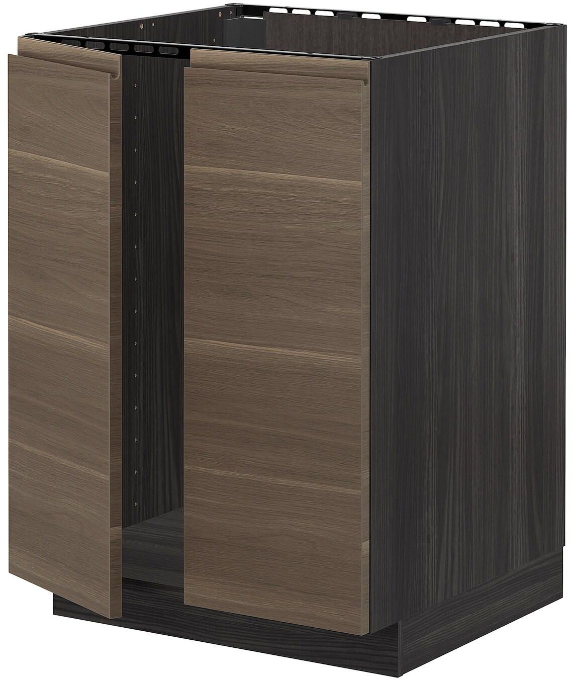 METOD خزانة أساسية للحوض + بابين، أسود, Voxtorp شكل خشب الجوز، ‎60x60 سم‏