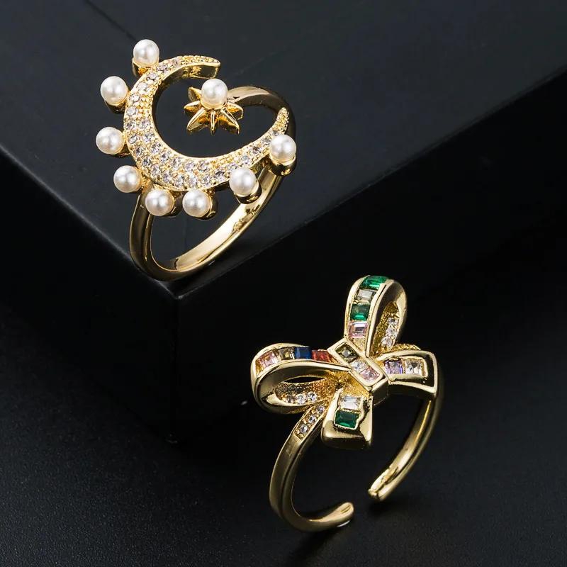 Fashion new copper gold-plated micro-set zircon bow ring actress moon pearl ring accessories