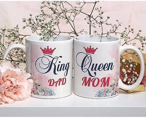 CHHAAP King Dad Mug and Queen Mom Mug Gift for Father Mom Mother Maa Papa Dad Happy Birthday and Happy Anniversary Printed Microwave Safe White Ceramic Coffee Mug 350 (ml) (KQ1 05)