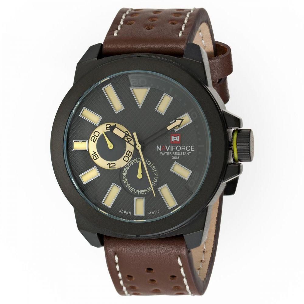Naviforce Men's Black Dial Leather Band Watch - NF9064-BRBKYL