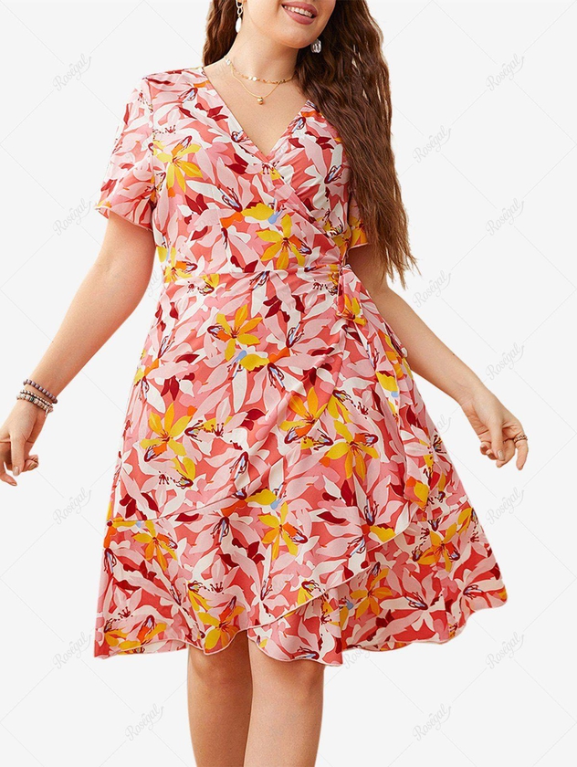 Plus Size Short Sleeves Flower Flounce A Line Wrap Dress - 4xl