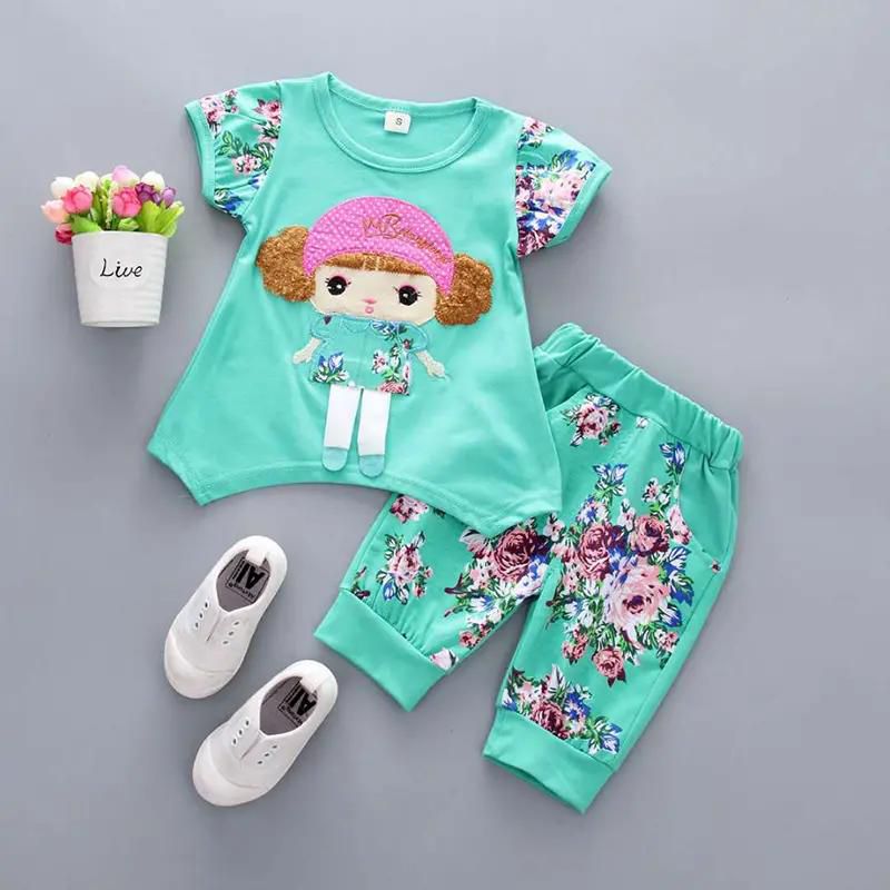 D-baby 2PCS New Fashion Girls Short Sleeve Top + Trousers Flower Printed Suit, Girls Sports Suit
