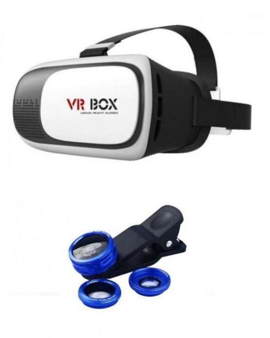 Generic 3D VR BOX Virtual Reality for iOS/Android - White + 3-In-1 Lens for Smartphones - Blue