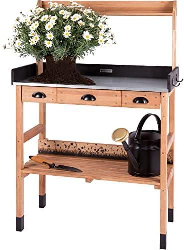 WONDERMAKE® Premium Plant Table Made of Cherry Tree Wood with Drawers Weatherproof Garden Work Table XL Outdoor Balcony High Quality Gardening Table CO2 Neutral Dark Brown Black
