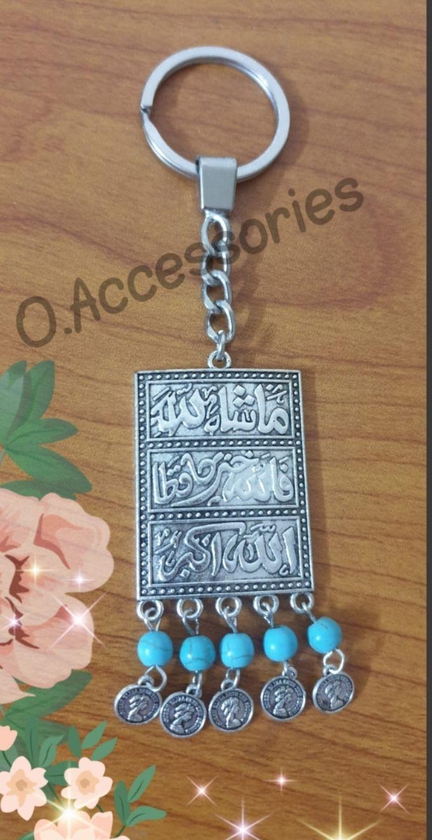 O Accessories Keychain Silver Metal _ Arabic Words_turquoise Stones