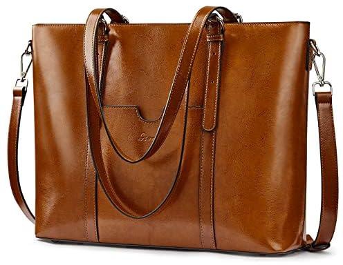 S-ZONE Women Genuine Leather Laptop Tote Bag Office Shoulder Handbag Briefcase 15.6 inch Computer Work Purse