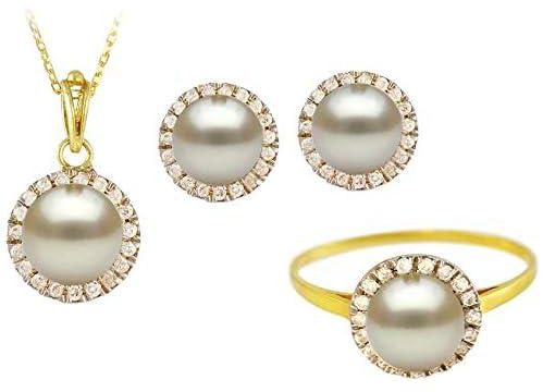 Vp Jewels 18K Solid Gold 0.40ct Genuine Diamonds 6mm Pearl Pendant Necklace, Earring & Ring Set