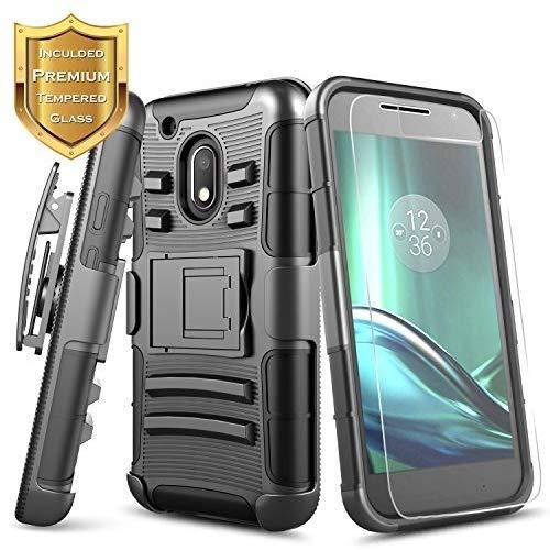 tecmac New G4 Play Case with [Tempered Glass Screen Protector], [Heavy Duty] Armor Shock Proof Dual Layer [Swivel Belt Clip] Holster [Kickstand] Combo Rugged Case for Moto G Play 4th Gen - Black