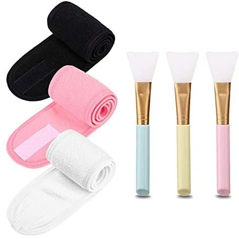 Whaline 3 Pack Spa Facial Headband with 3Pcs Face Mask Brush Terry Cloth Make Up Hair Band Adjustable Towel Head Wrap for Women Girls Face Washing Shower Sports Beauty (Black White Pink)