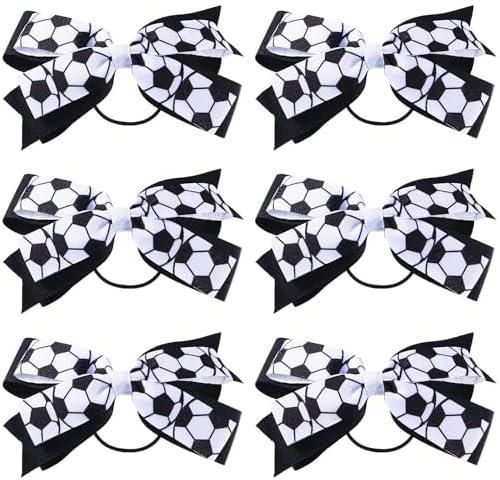 Soccer Headband for Girls with Bows, 6 Pieces Sweet Black and White Hair Band Ponytail Holder, Hair Tie Accessories for Girl Women Player School Team Football Themed Party Supplies