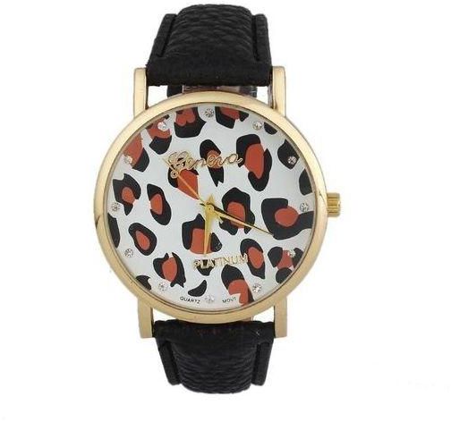 Mcykcy Diamond Women Leopard Printing Pattern Weaved Leather Quartz Dial Watch Black
