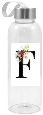 زجاجة مياه بطبعة حرف F وزهور شفاف/ أبيض/ أسود 420مل