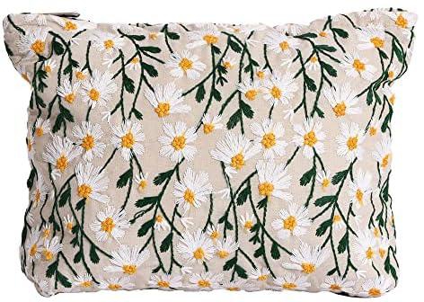LYDZTION Creamy-white Daisy Makeup Bag Cosmetic Bag for Women,Large Capacity Canvas Makeup Bags Travel Toiletry Bag Accessories Organizer
