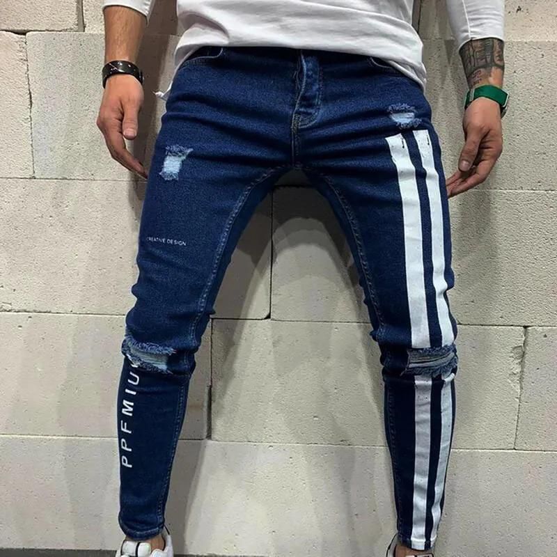 2021 High quality Men Denim Side Striped Jeans Mens Ripped Ripped Pants Destroyed Hole Zipper Slim Fit Jean Trousers