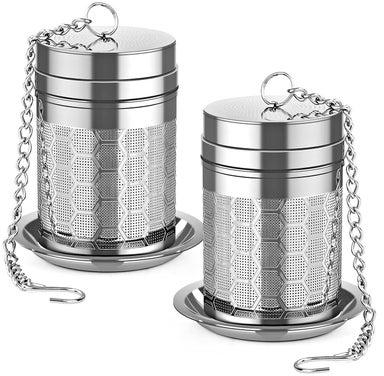 Tea Infusers 2Pcs Stainless Steel Tea Strainer Set Extra Fine Mesh Tea Steeper for Brew Tea Spices and Seasonings Small Soup Seasonings Spice Separated Basket with Long Chain and Tray (6 * 4cm)
