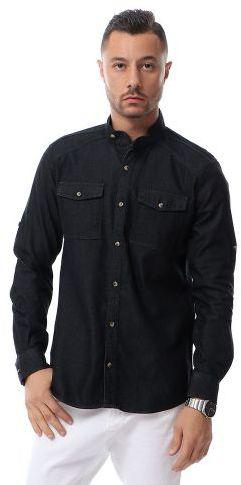 Andora Chest Pocket Band Collar Denim Shirt For Men - Black