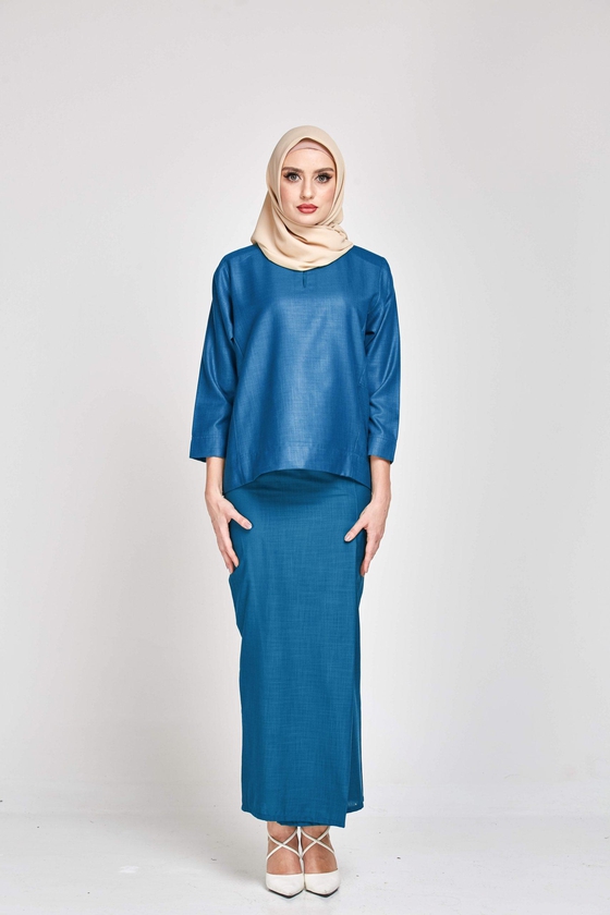 Motherchild Qasimah Kurung Kedah Pesak Shiner Linen Dress (Dark Blue)