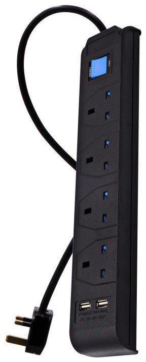 Home Best, Power Extension Cord, 4 Sockets, 2 Usb Ports, 3M Cable, Black
