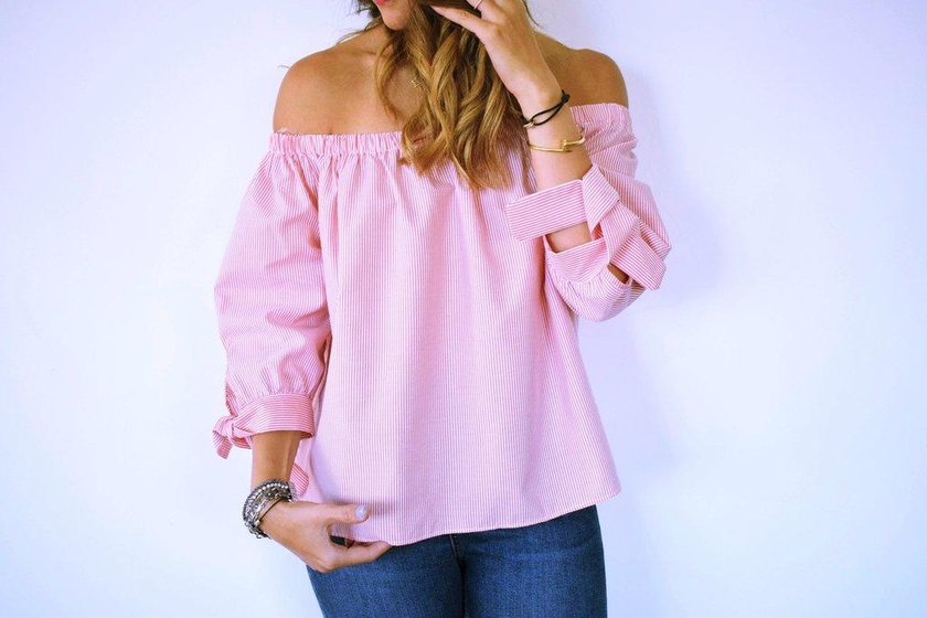 The Red Pinstripe Off Shoulder Top