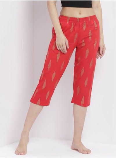 Casual Comfortable Relaxed Fit Three Quarter Pyjama Pants With Matching Scrunchie Red