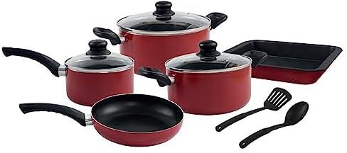 BLACKSTONE 10 Piece Non Stick Cookware Set Red | Aluminum Tempered Glass Lids Cooking pot/Sause pan/Fry pan/Bake pan/Spatula BL010
