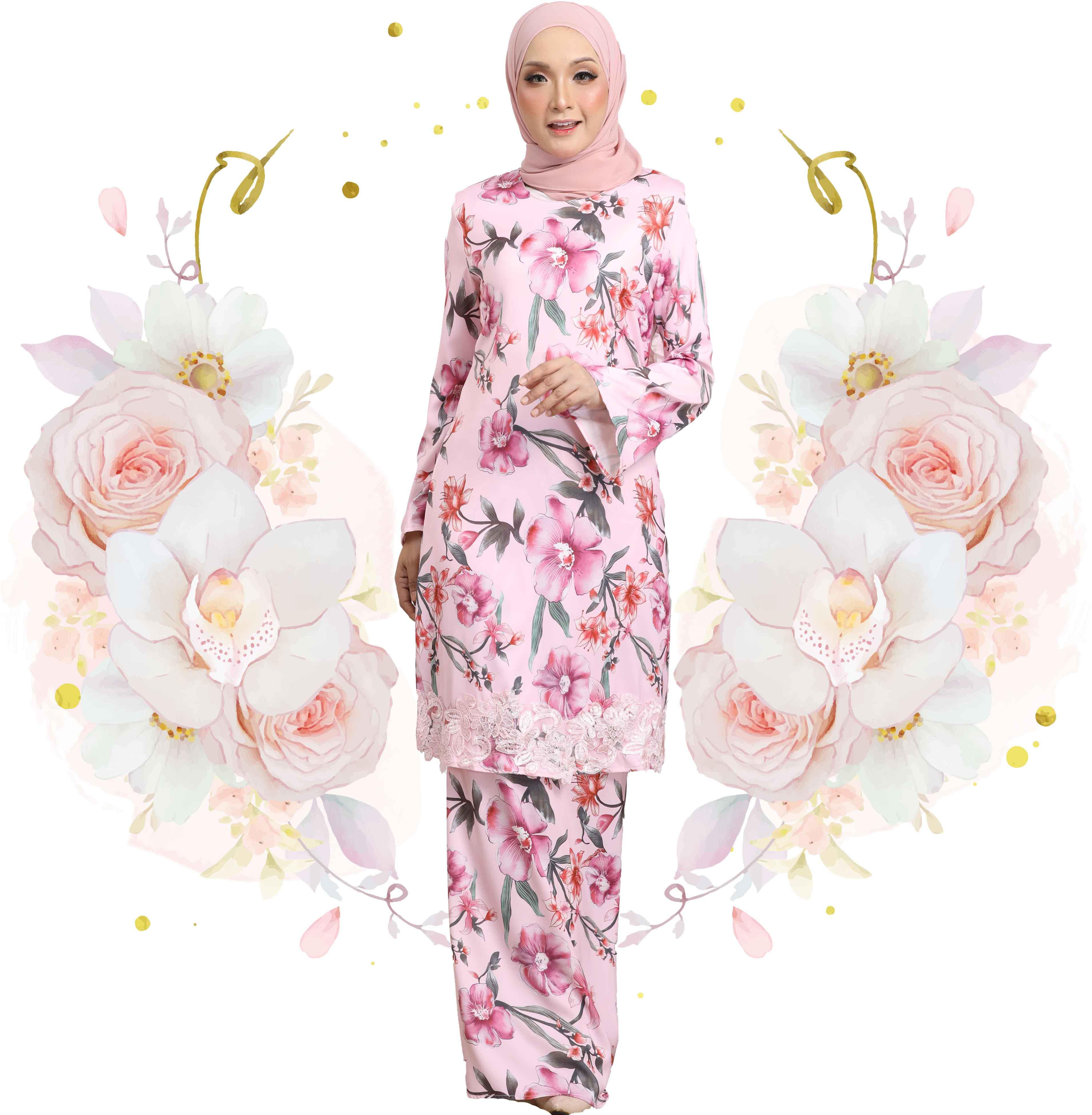 ERA MAYA Elegant Orchids Floral Baju Kurung Moden with Lace Hem (Pink)