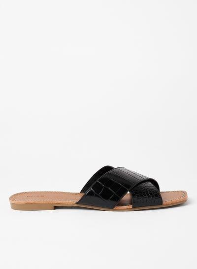 Croc Effect Flat Sandals Black