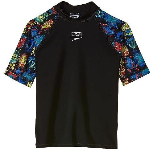 Speedo Boys' Marvel Rash Top JU T-Shirt, Black/Citron/fed red/Beautiful Blue/White, 11_12