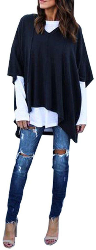Hooded Long Sleeve Poncho Sweatshirt Black