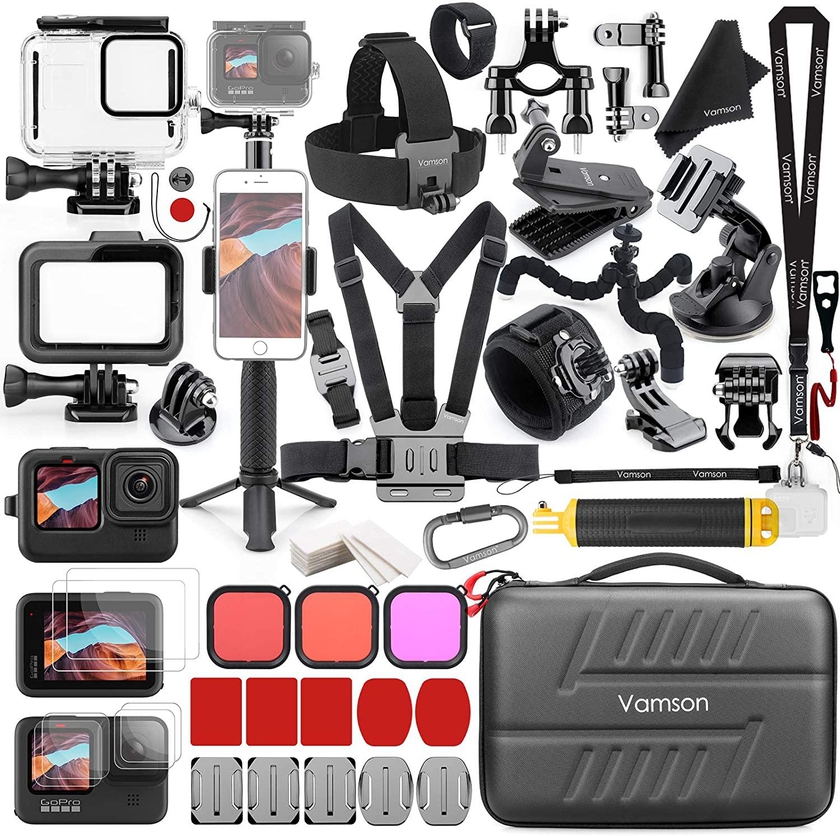 Vamson Accessories Kit for GoPro Hero 10 9 Black Waterproof Housing Case Filter Silicone Protector Frame Lens Screen Tempered Glass Head Chest Strap Bike Mount Floating Bundle Set Kit 64 in 1 AVS18