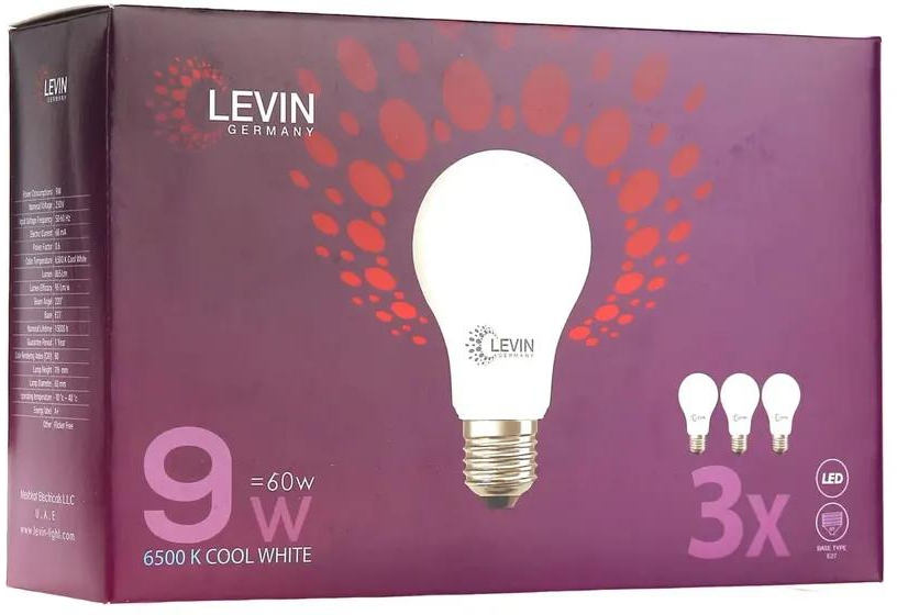 عبوة لمبات LED E27 نوع A ليفين (3 قطع، 9 واط، أبيض ضوء نهاري)