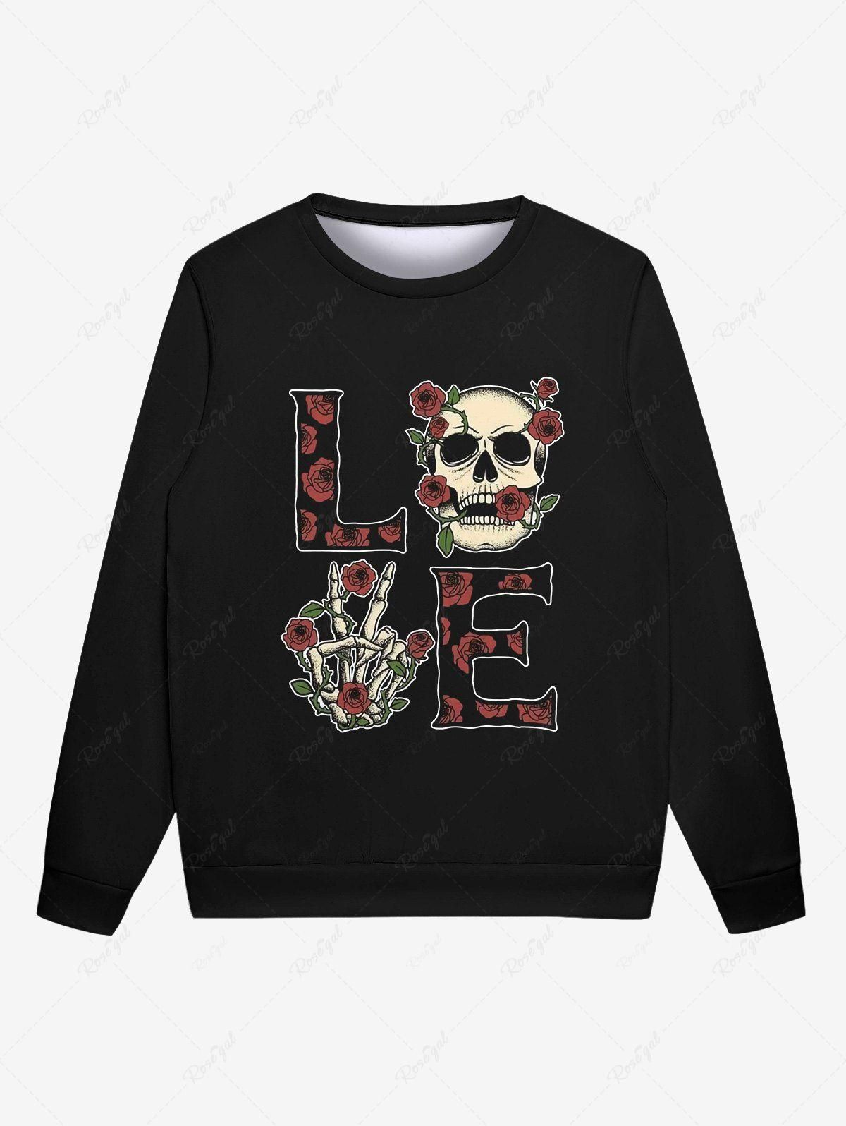 Gothic Skull Skeleton Hand Rose Flower Letters Print Pullover Valentines Sweatshirt For Men - 6xl
