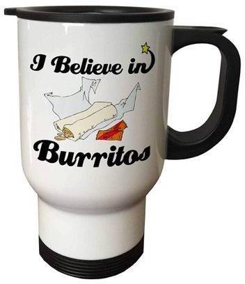 مج للسفر مطبوع عليه عبارة "I Believe In Burritos" أنا اؤمن ببوريتوس . أبيض/ أسود